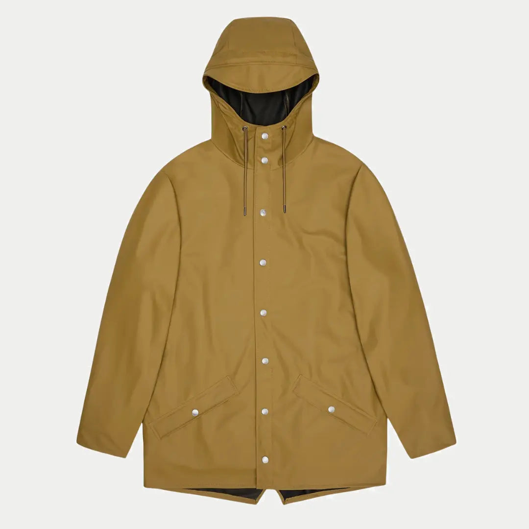 Jacket Dawn ocre moutarde à plat, capuche doublée noire et pressions claires sur la patte