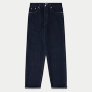 Jean Loose en denim Blue Rinsed indigo foncé à plat, jambe ample et ourlets retroussés