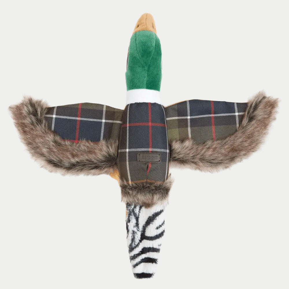 Jouet faisan Barbour vu de dos, ailes ouvertes en tartan et fausse fourrure, queue rayée noir et blanc