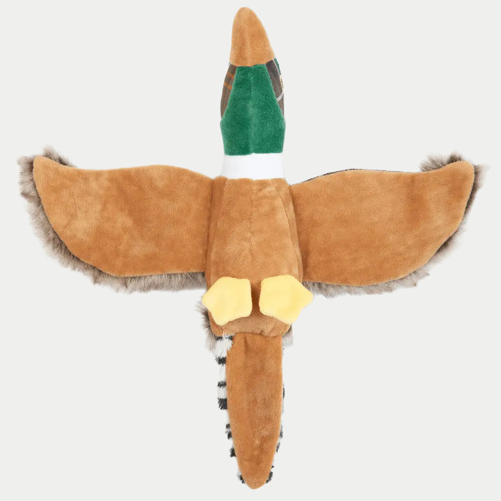 Dessous du jouet faisan Barbour en peluche camel, ailes déployées et pattes jaunes