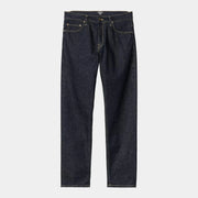 Klondike Pant Blue Rinsed Carhartt WIP à plat de face, indigo brut très dense et surpiqûres jaune moutarde