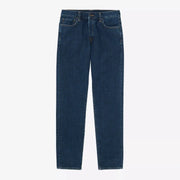 Klondike Pant Blue Stone Washed Carhartt WIP à plat, bleu franc soutenu et arêtes des poches éclaircies