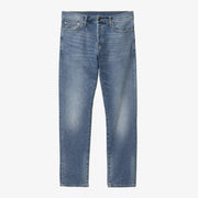 Klondike Pant Blue Worn Bleached à plat de face, bleu clair blanchi et moustaches marquées sur les cuisses