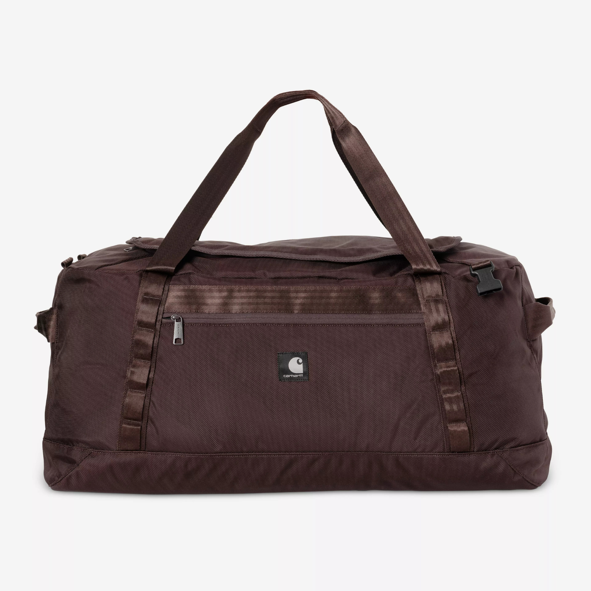 Grand sac de voyage Carhartt WIP Richmond brun bordeaux, vue de face : poche avant zippée et Square Label