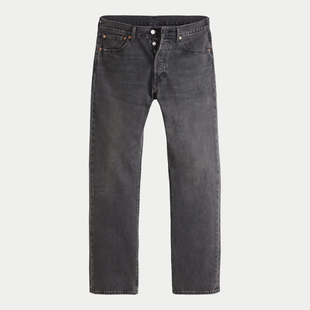 Jean Levi's 501 Original Oak Nights, denim gris délavé, vue à plat de face avec braguette boutonnée