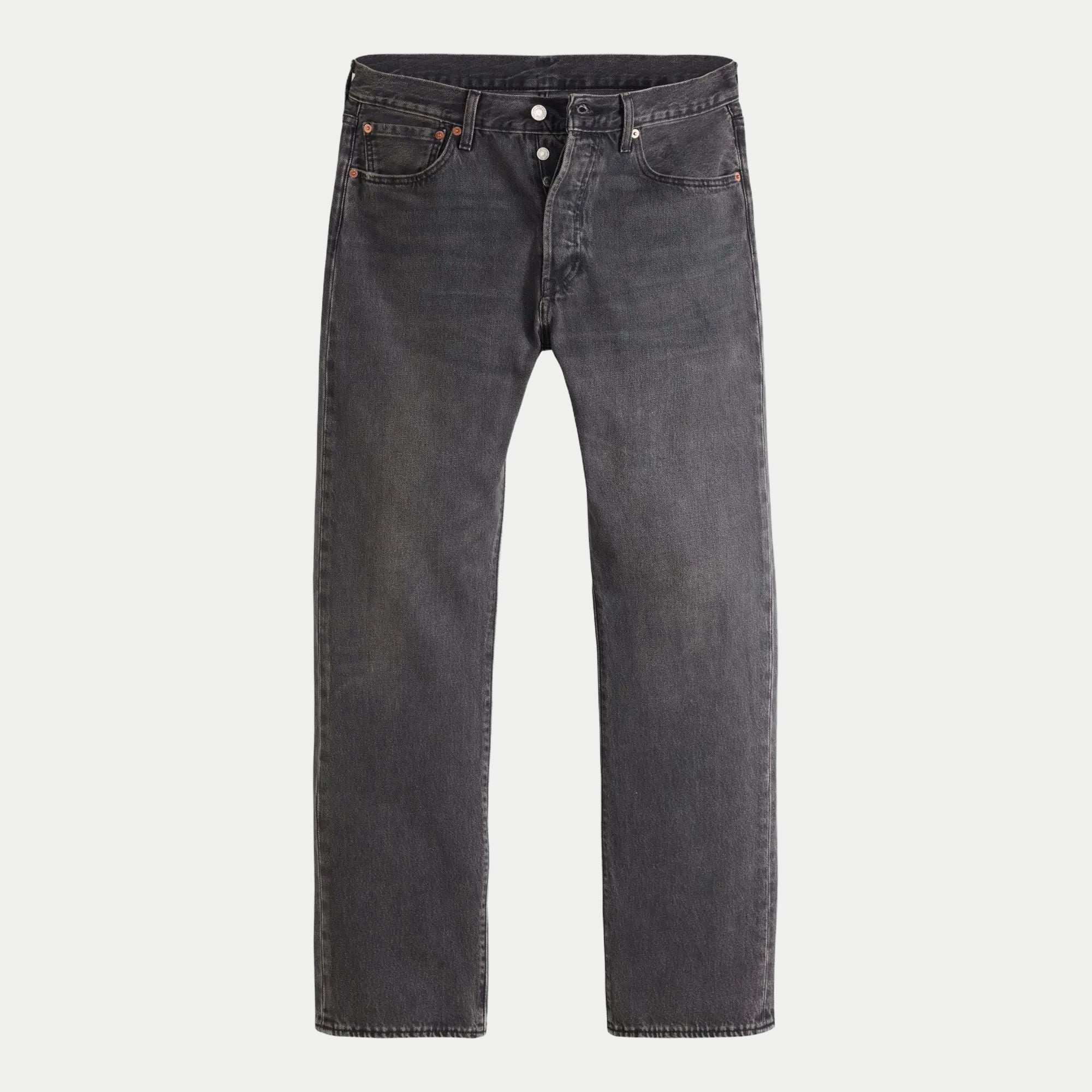 Jean Levi's 501 Original Oak Nights, denim gris délavé, vue à plat de face avec braguette boutonnée