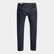 Jean Levi's 502 Taper Rock Cod, denim indigo brut, vue de face à plat avec surpiqûres orangées