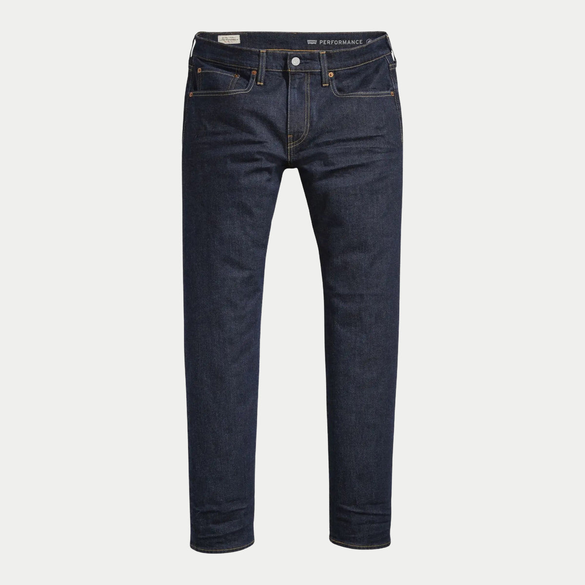Jean Levi's 502 Taper Rock Cod, denim indigo brut, vue de face à plat avec surpiqûres orangées