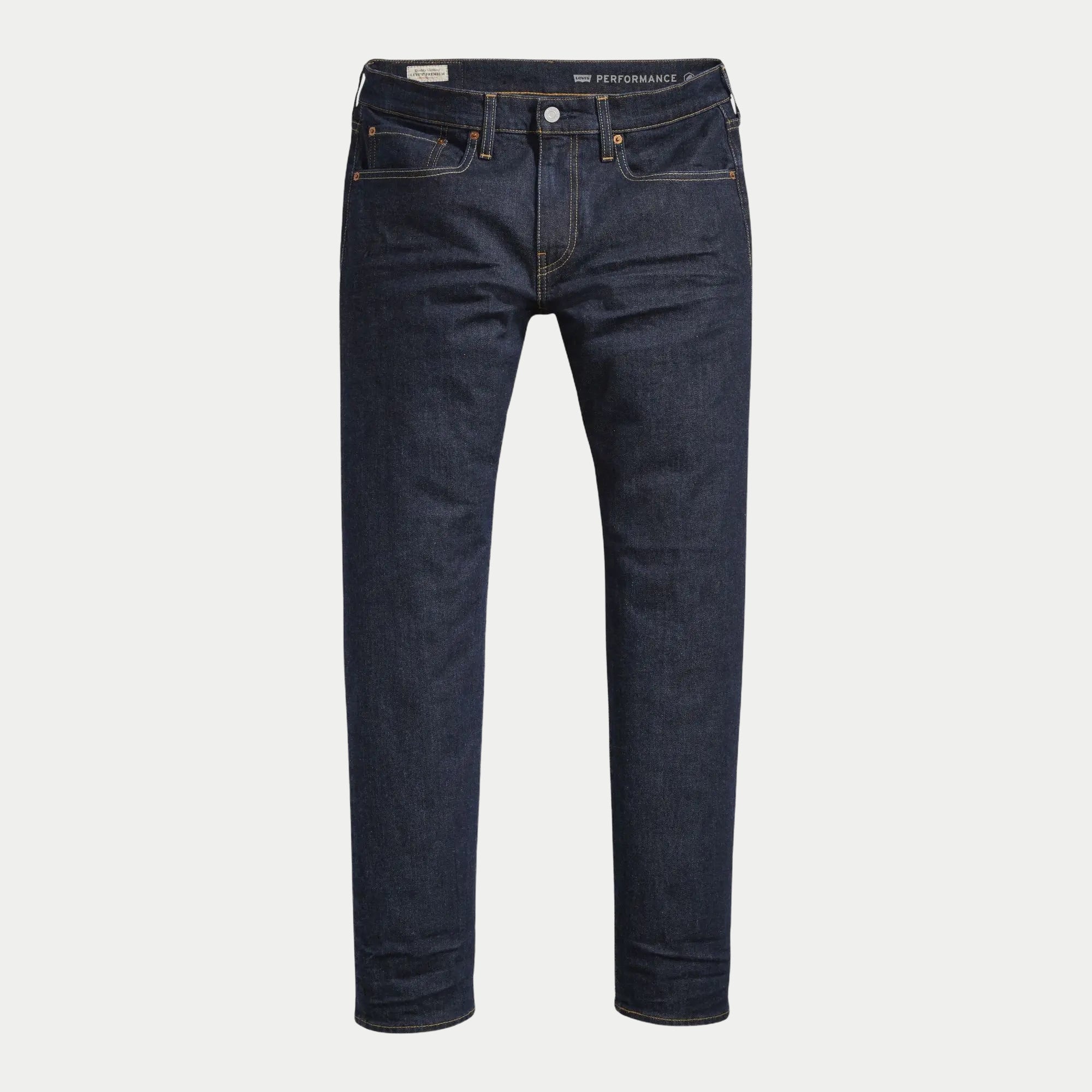 Jean Levi's 502 Taper Rock Cod, denim indigo brut, vue de face à plat avec surpiqûres orangées