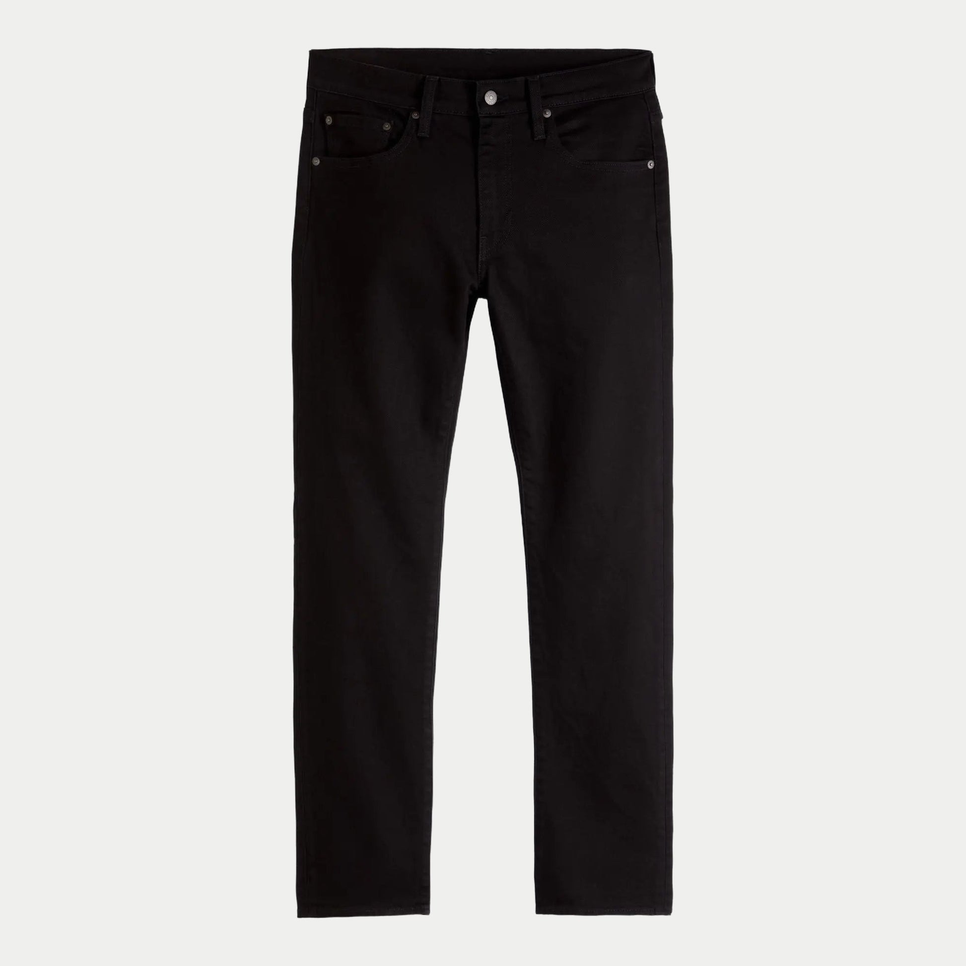 Jean Levi's 502 Taper Sta-Dark Black à plat, vue de face : taille, braguette zippée et cinq poches