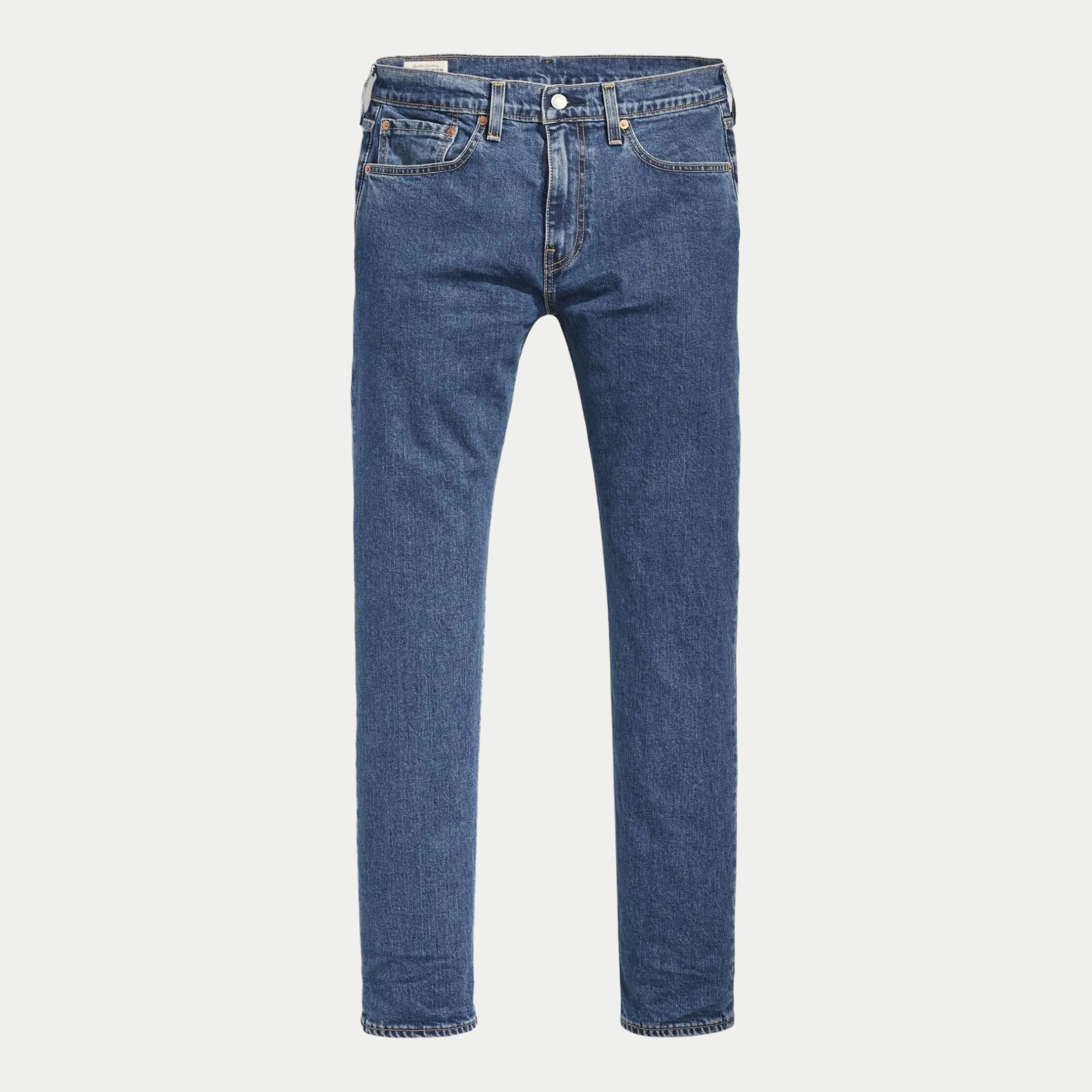 Jean Levi's 502 Taper Stonewash Stretch à plat de face : denim bleu moyen délavé, coupe fuselée, cinq poches