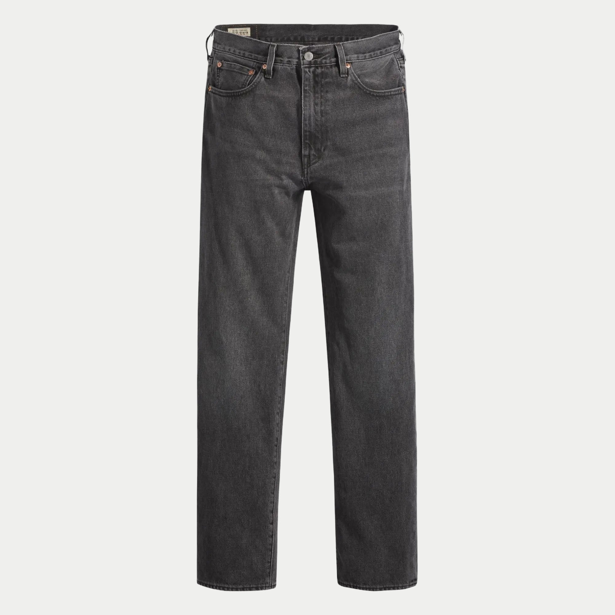 Jean Levi's 568 Loose Straight Dark Black Worn In, à-plat de face, denim noir délavé et coupe 5 poches