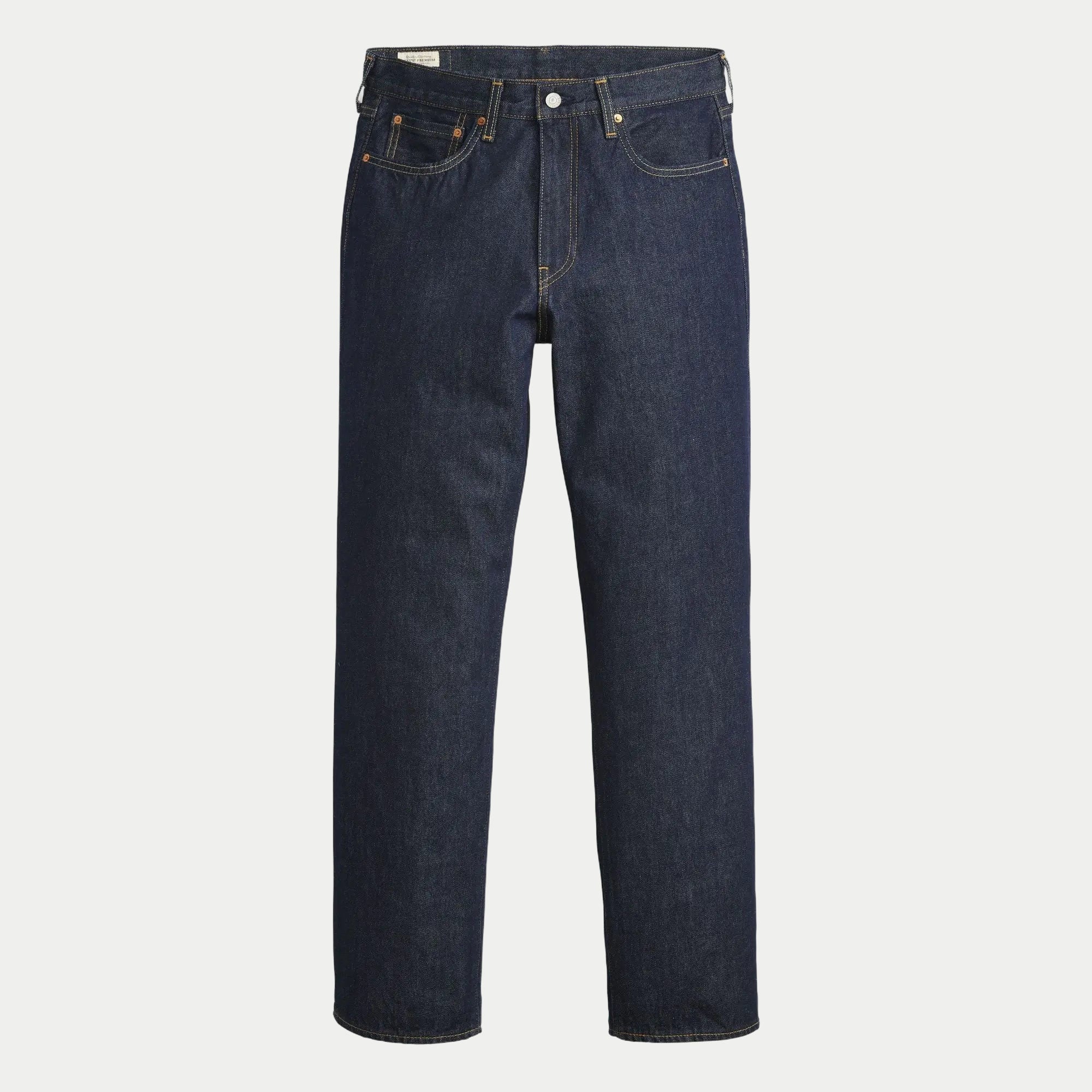 Jean Levi's 568 Loose Straight Welcome To The Game à plat de face : denim indigo brut, cinq poches, surpiqûres jaunes
