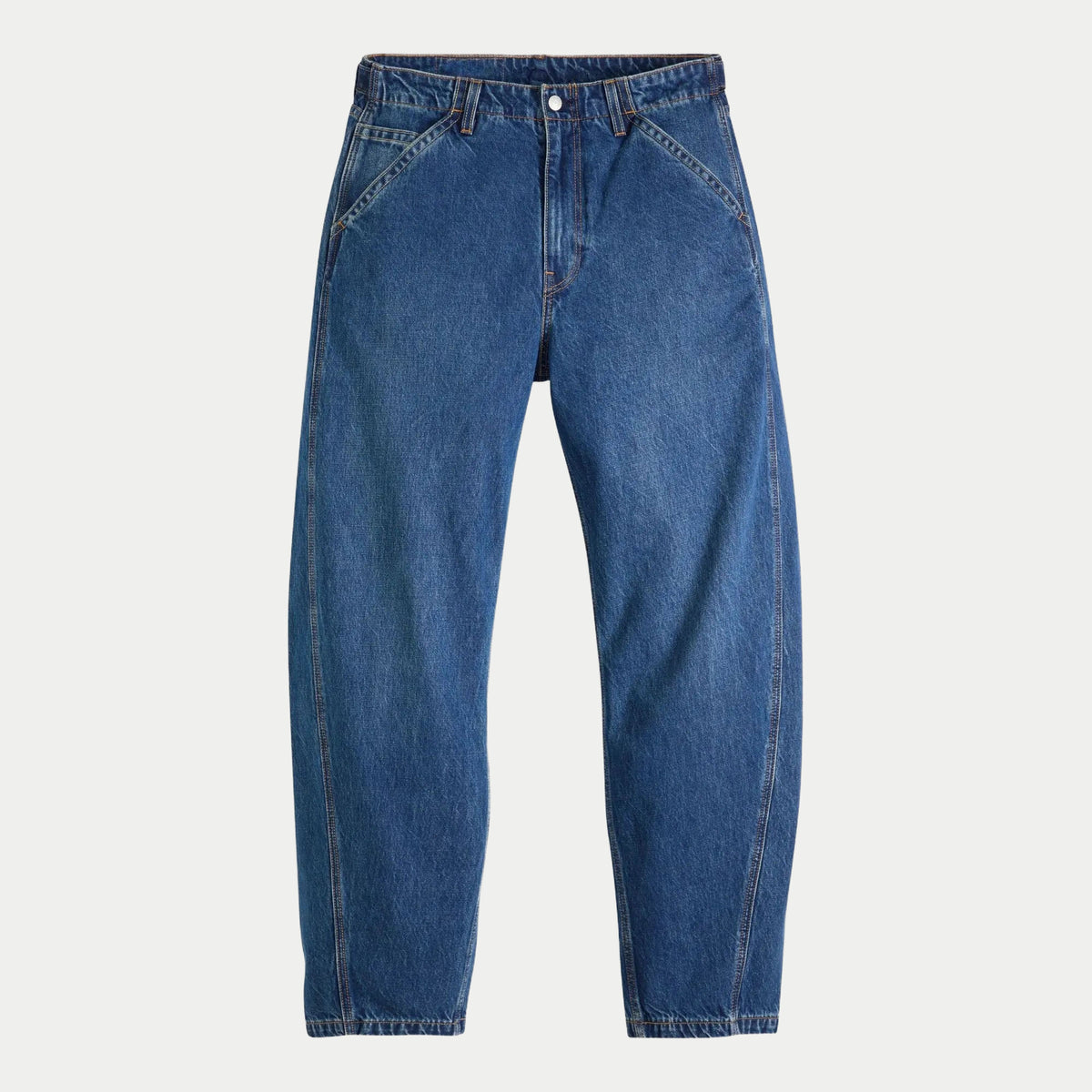 Jean Levi's Baggy Barrel Max Volume à plat, vue de face : coupe ample fuselée à la cheville, denim bleu indigo délavé
