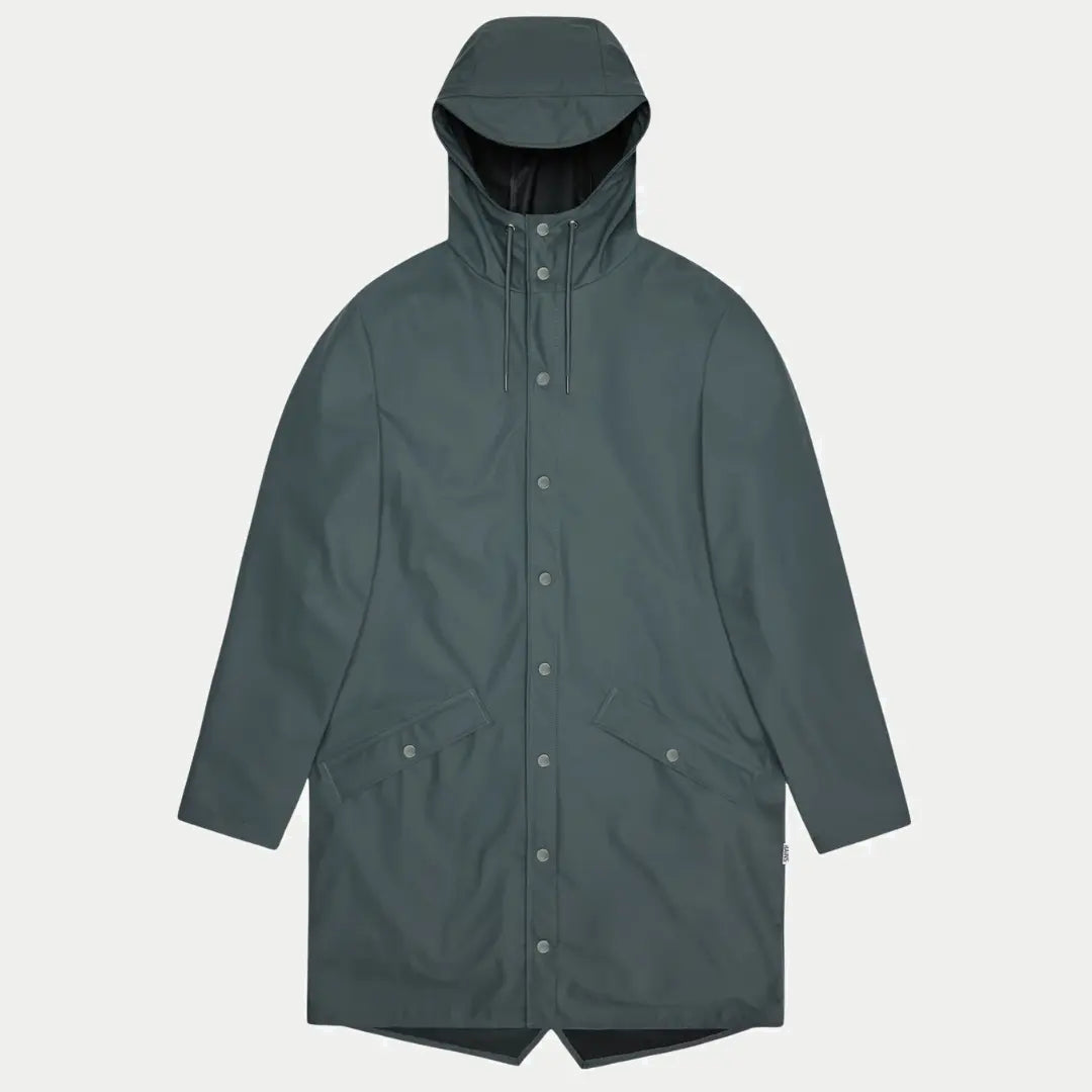 Long Jacket Dark Grey à plat, teinte gris-vert ardoise, capuche relevée et pressions claires