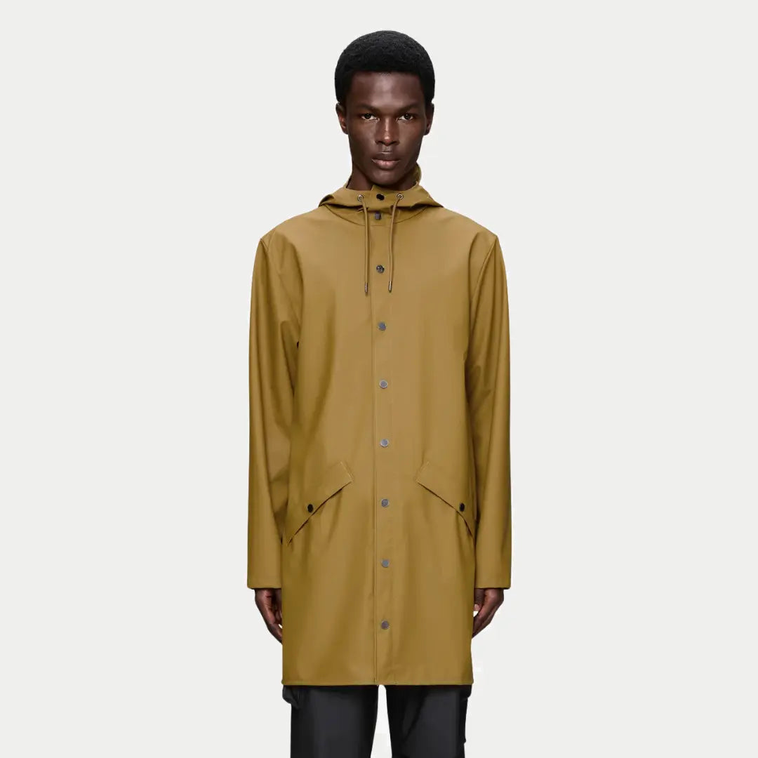 Long Jacket Dawn portée fermée, tombé droit jusqu'à mi-cuisse et pressions mates