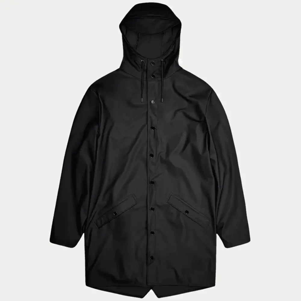 Long Jacket noire à plat, capuche relevée, patte pressionnée et poches à rabat biaisées