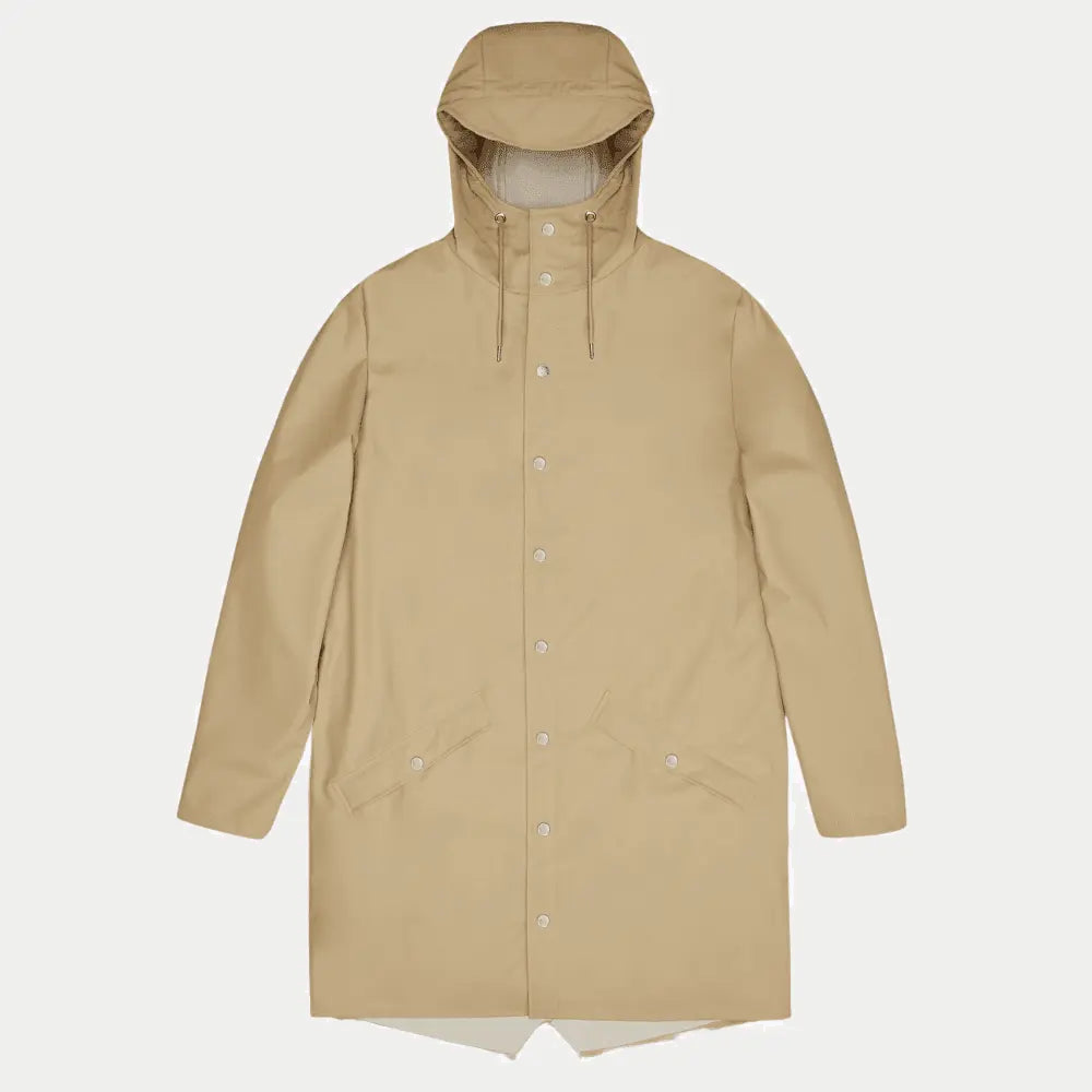 Long Jacket Sand beige sable à plat, capuche relevée sur doublure claire et pressions argentées