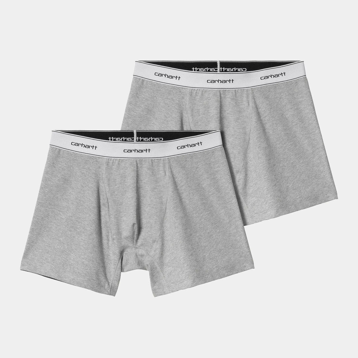 Lot de 2 boxers gris chiné posés à plat, jersey de coton moucheté et ceinture élastique blanche au lettrage noir