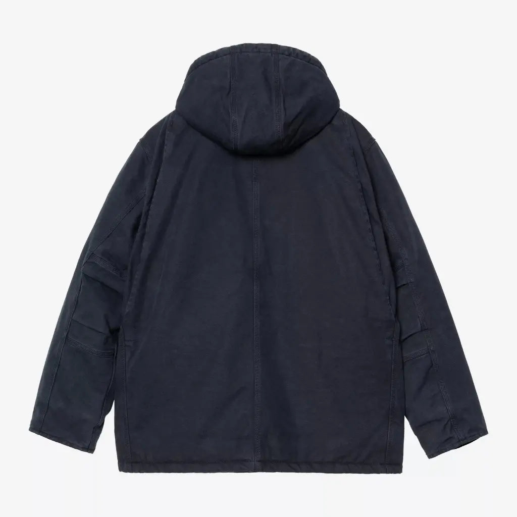 Dos du manteau Ambel bleu marine foncé, capuche relevée, couture dorsale centrale et empiècements de coude