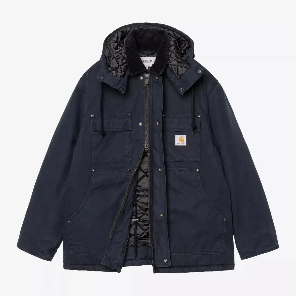 Manteau Ambel entrouvert : zip central, pressions et doublure matelassée noire brillante apparente au revers