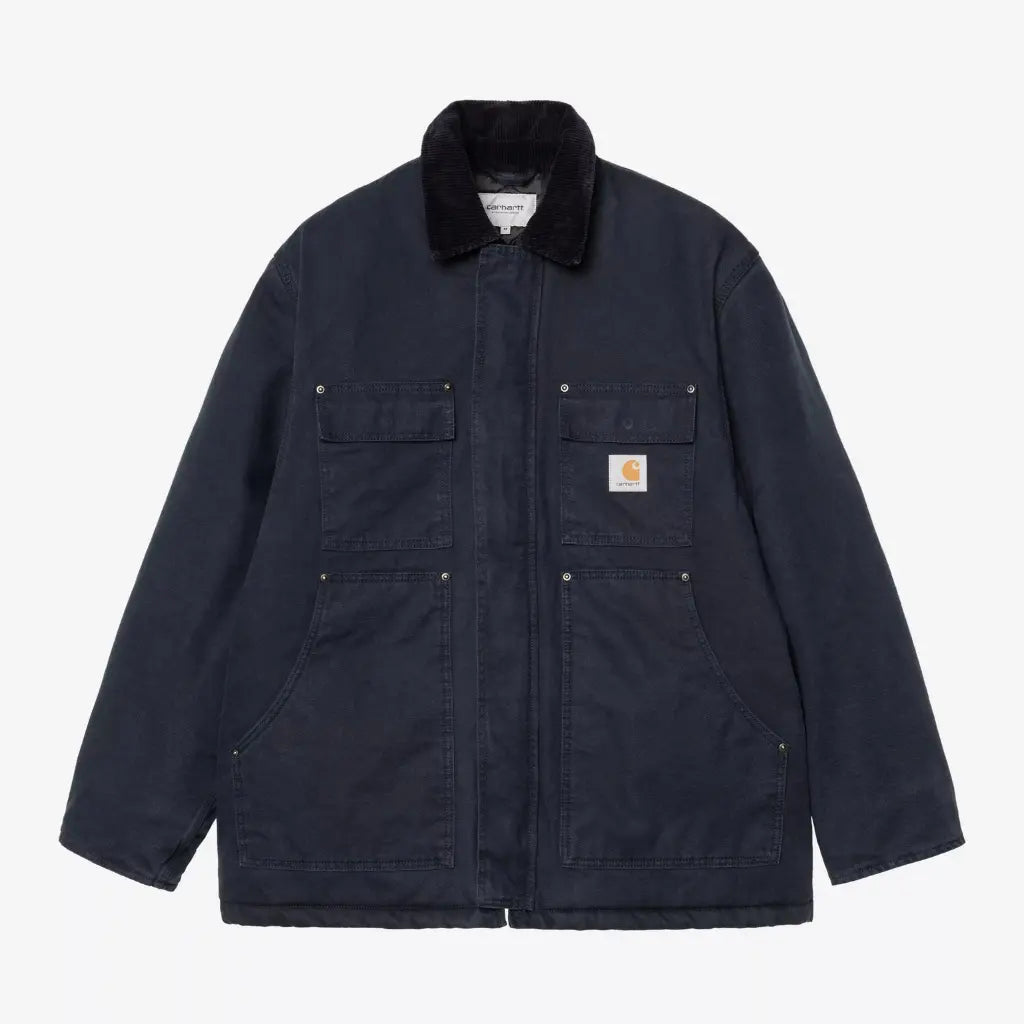 Manteau Ambel bleu marine capuche retirée, col en velours côtelé noir et patch carré sur la poche poitrine