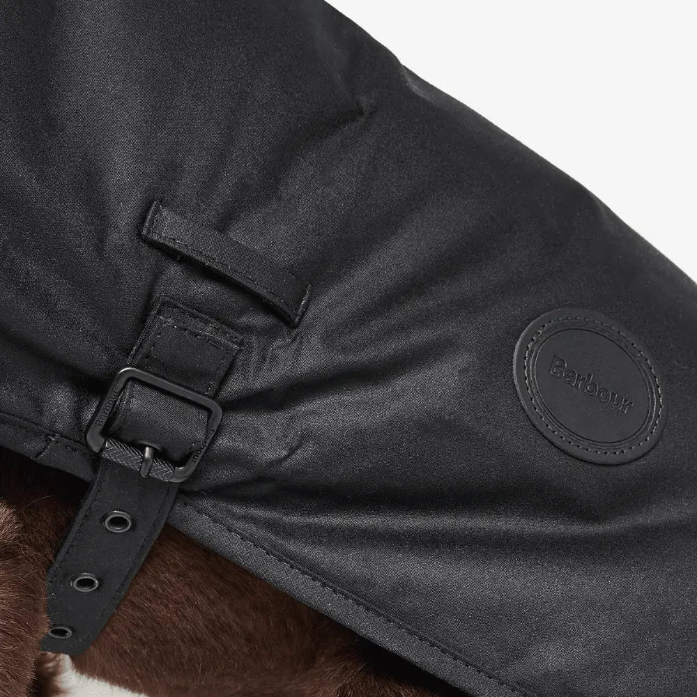 Sangle ventrale à boucle et œillets du manteau ciré noir, écusson cuir ovale Barbour