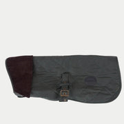 Manteau matelassé olive à losanges piqués, col velours côtelé prune et sangle ventrale