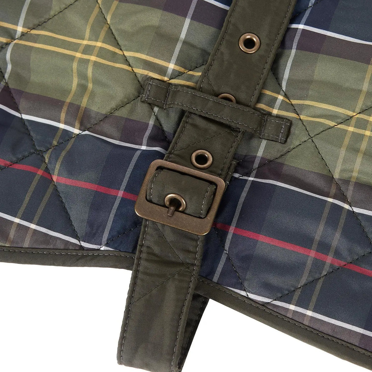 Boucle laiton et œillets de la sangle olive sur le matelassage tartan bleu nuit et vert