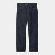 Marlow Pant Blue Rinsed à plat de face, denim brut rinsé texturé, rivets sombres et surpiqûres moutarde