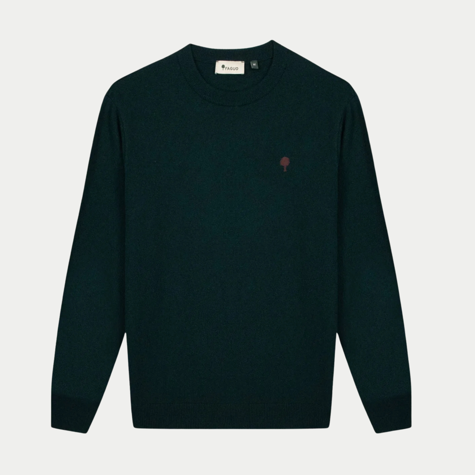 Pull Marly Laine Vert Foncé Faguo à plat de face, maille jersey fine et broderie arbre bordeaux sur la poitrine
