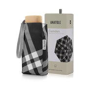 Mini parapluie Camden à carreaux tweed noir et ivoire, housse assortie, coffret Anatole et poignée en bois