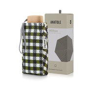 Mini parapluie Wilton dans sa housse à carreaux vichy noir, blanc et anis, coffret Anatole et poignée bois