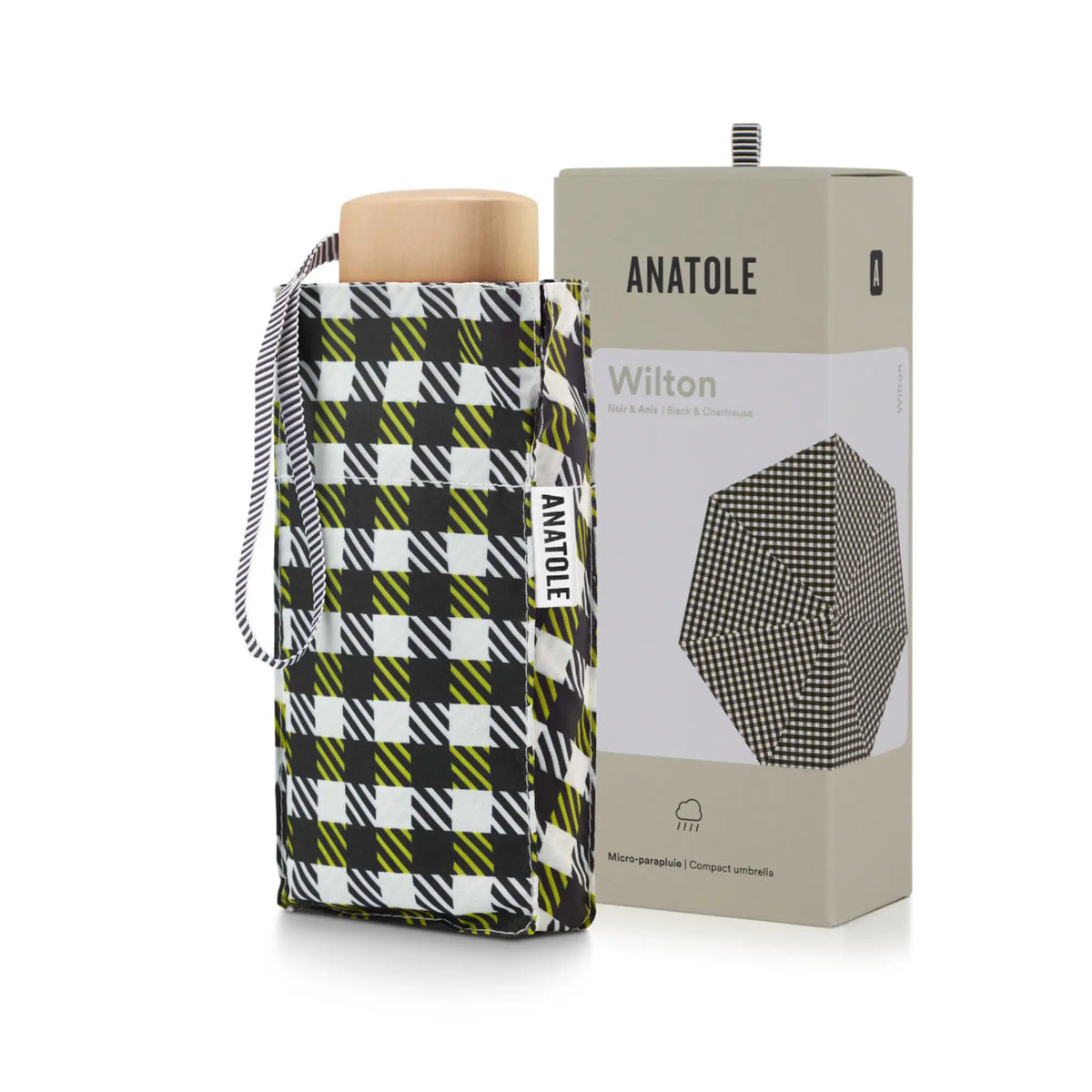 Mini parapluie Wilton dans sa housse à carreaux vichy noir, blanc et anis, coffret Anatole et poignée bois