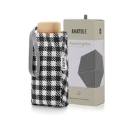 Mini parapluie Kensington dans sa housse à grands carreaux vichy noir et blanc, coffret Anatole et poignée bois