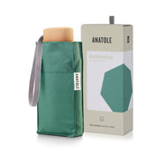 Mini parapluie Ambroise vert sauge rangé dans sa housse, poignée en bois clair et coffret Anatole en arrière-plan