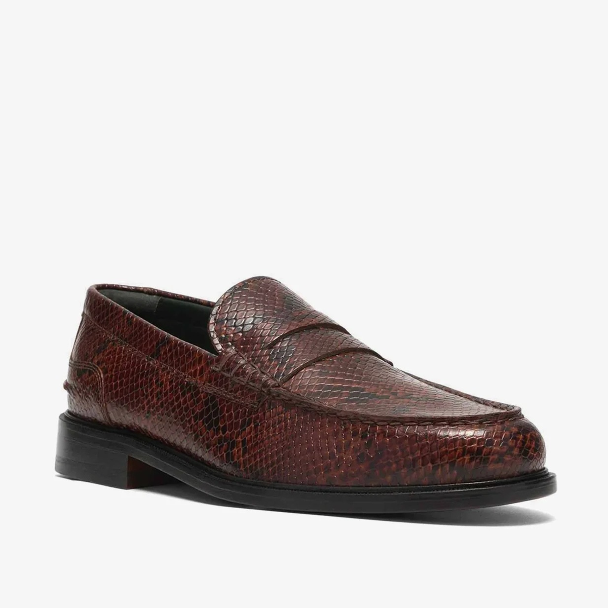 Mocassin Craft James Lo imprimé serpent de trois-quarts avant, bride penny et plateau cousu en cuir brun rouge