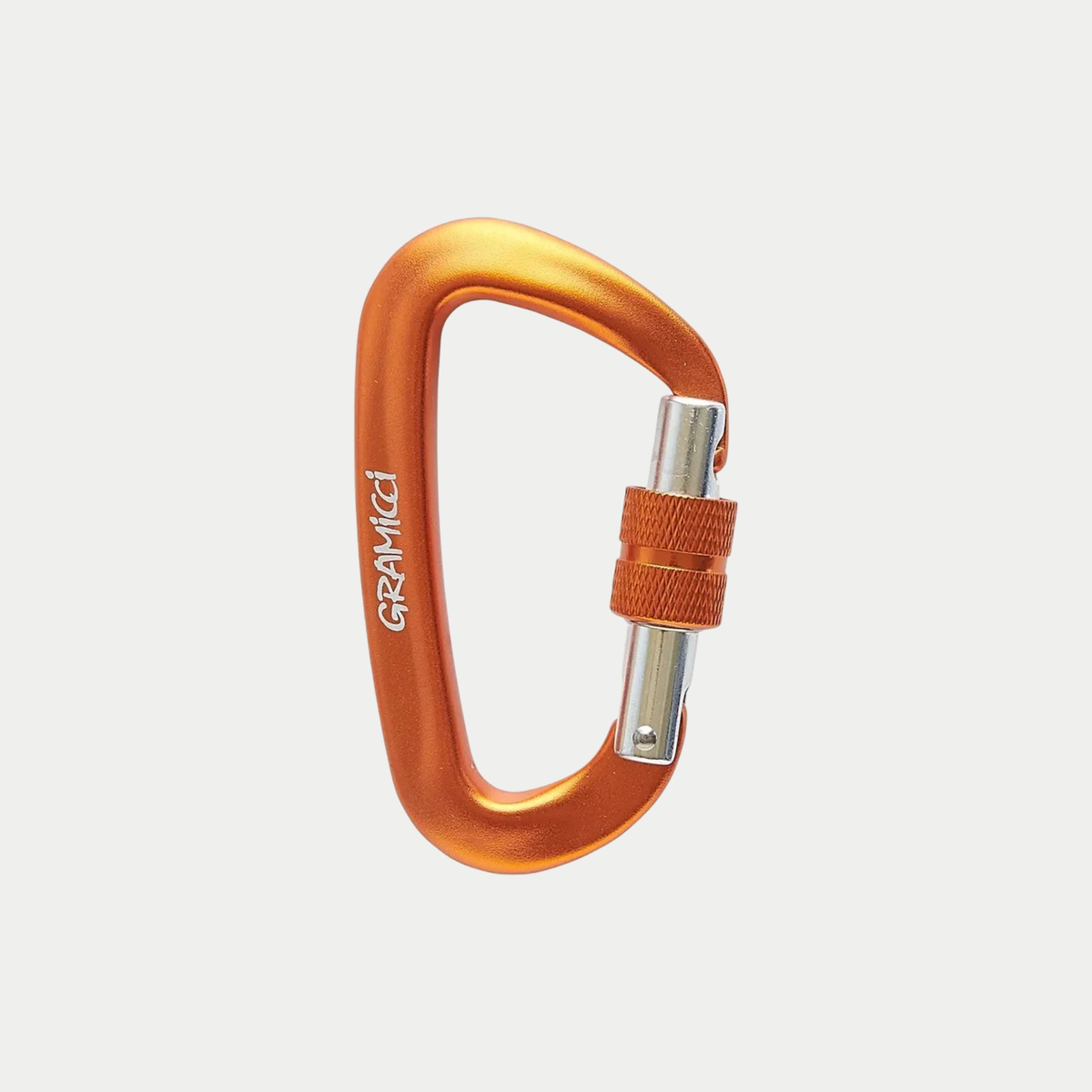 Mousqueton Orange Gramicci - vue de face, bague de sécurité vissée orange et logo gravé