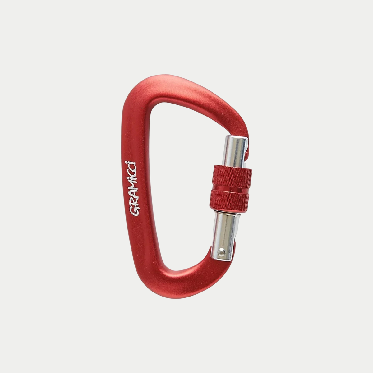 Mousqueton Rouge Gramicci - vue de face, bague de sécurité vissée rouge et logo gravé