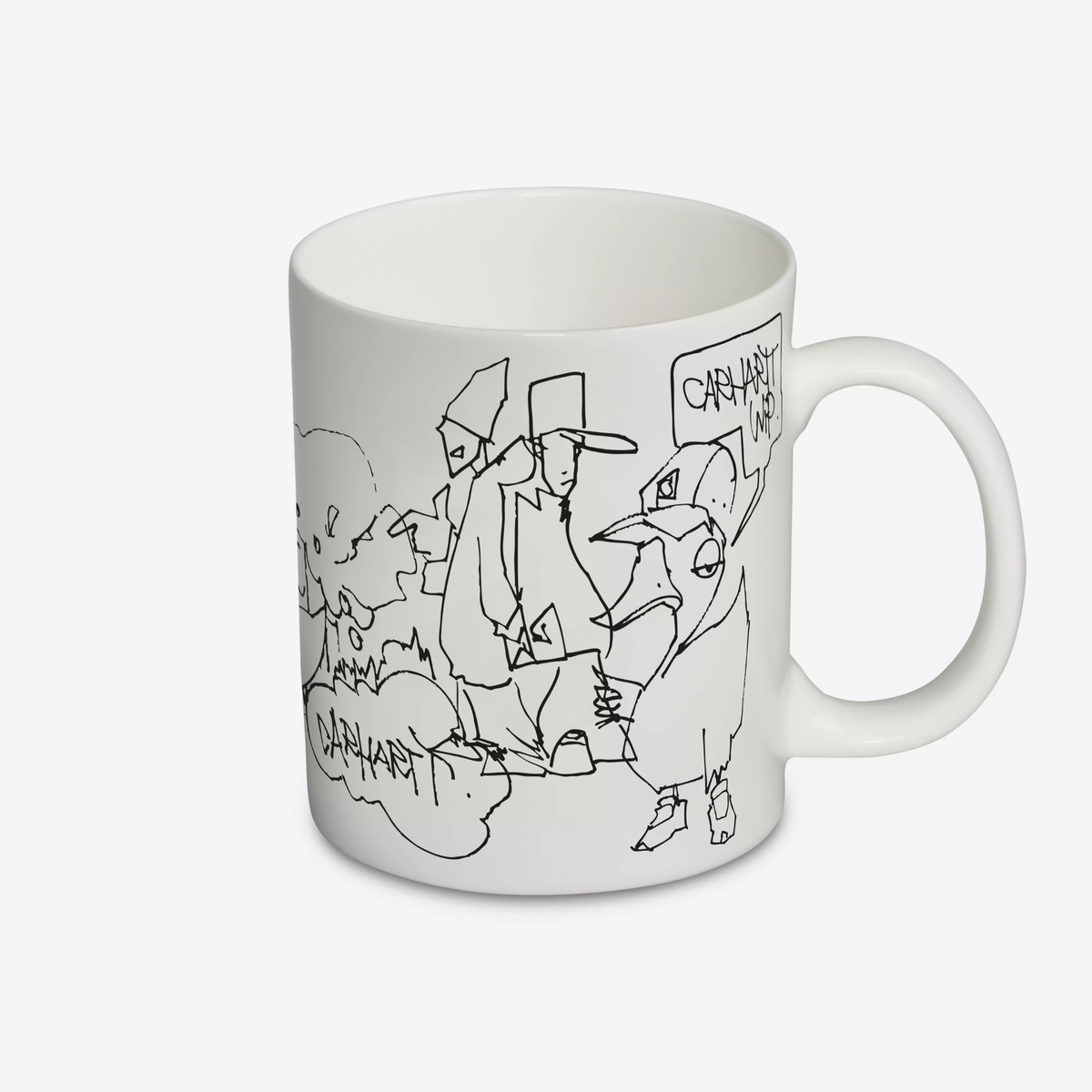 Mug Blinkerfluid Carhartt WIP, anse à droite : deux personnages en long manteau, canard et bulle CARHARTT WIP dessinés au trait noir