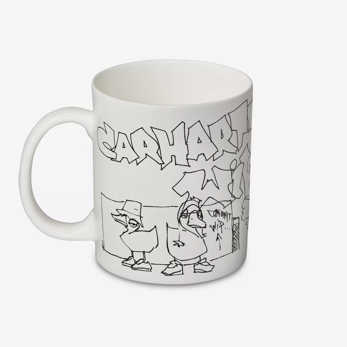 Mug Blinkerfluid Carhartt WIP blanc, anse à gauche : lettrage graffiti CARHARTT et deux canards en bob au trait noir