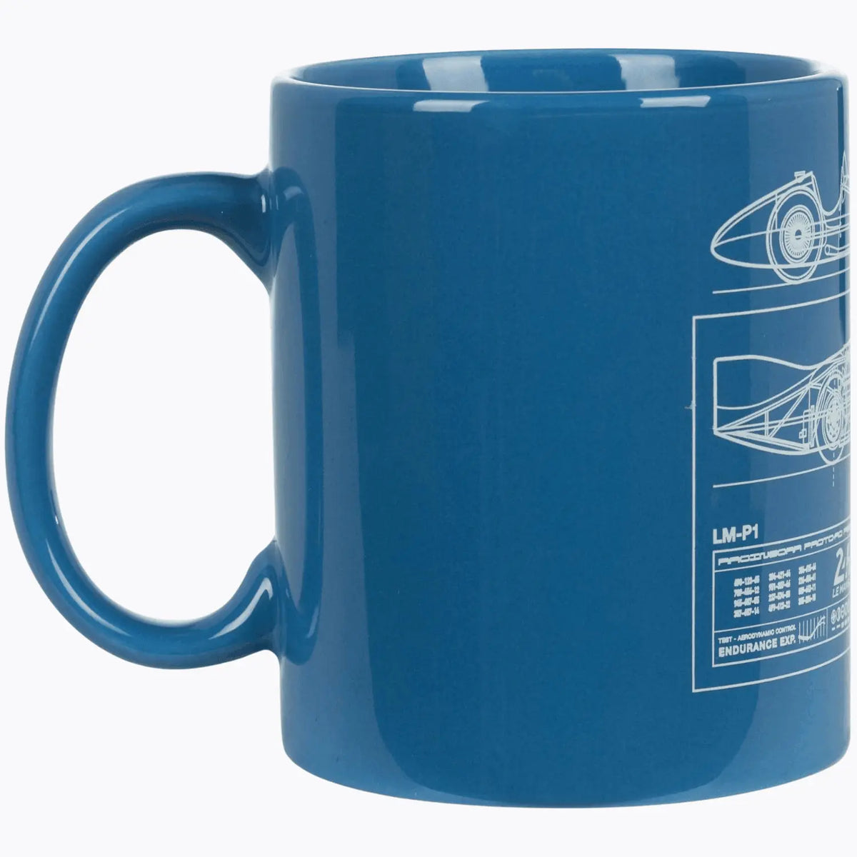 Mug bleu vu de l'autre profil, anse à gauche et cartouche technique LM-P1 tracé en blanc