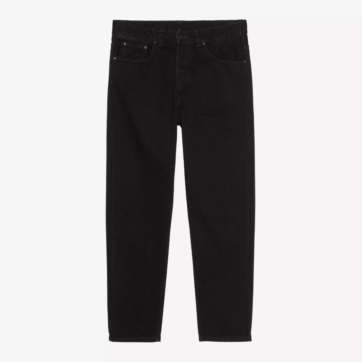 Newel Pant à plat de face, denim noir profond Black One Wash, coutures ton sur ton, cinq poches et rivets noircis.