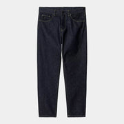 Newel Pant Blue One Wash à plat de face, indigo brut très foncé et surpiqûres jaunes fortement contrastées.