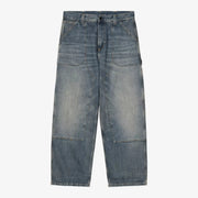 Jean Oakland Carhartt WIP Blue Worn Used Wash, vue de face à plat : double épaisseur aux genoux et boucle porte-marteau