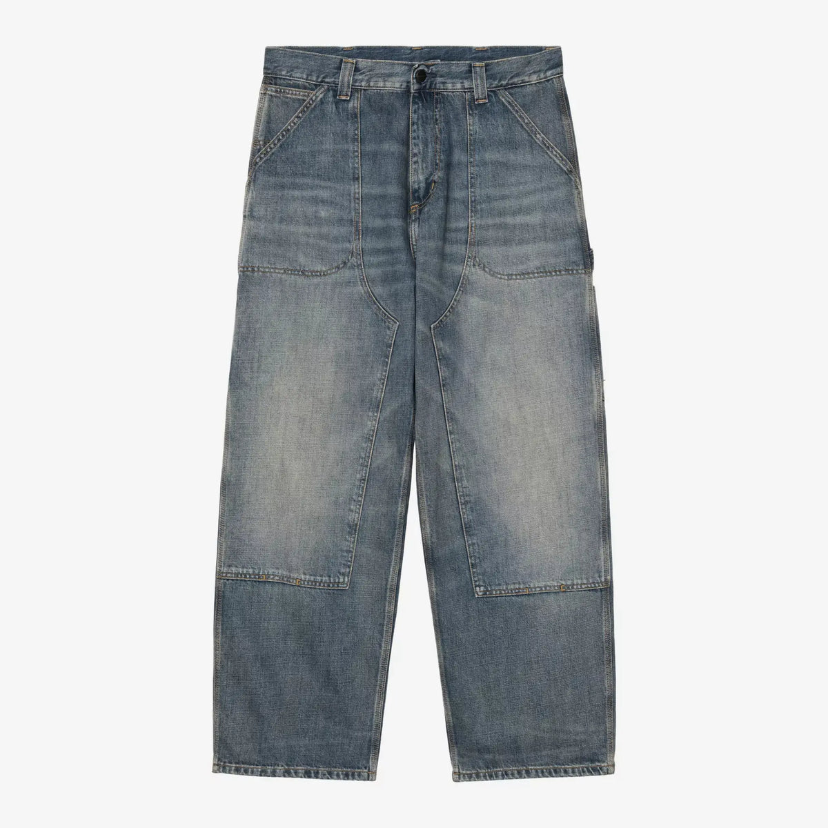 Jean Oakland Carhartt WIP Blue Worn Used Wash, vue de face à plat : double épaisseur aux genoux et boucle porte-marteau