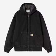 Veste OG Active Carhartt WIP en denim noir Stone Washed, capuche doublée flanelle rayée, à plat de face