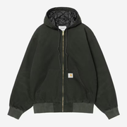 Veste OG Active Carhartt WIP en toile Dearborn vert sapin Raven, capuche doublée matelassée noire, à plat