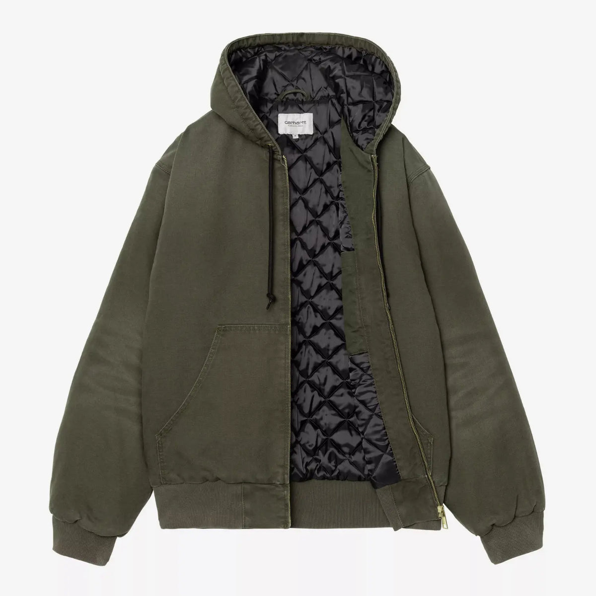 OG Active Jacket ouverte : doublure matelassée noire à losanges brillants et double curseur laiton doré
