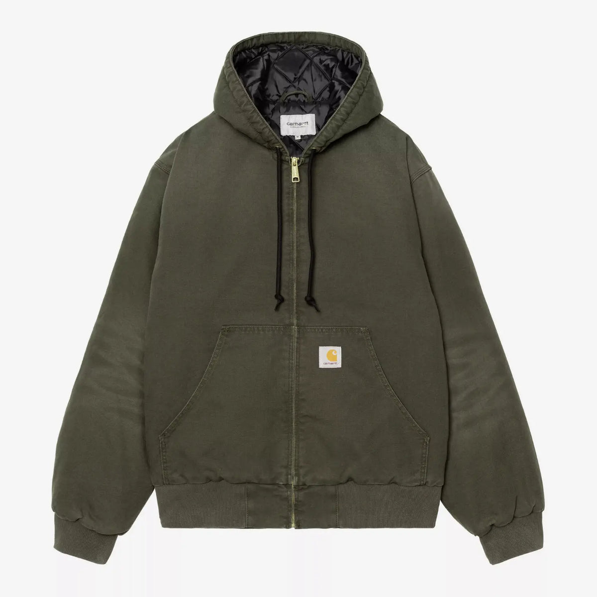 OG Active Jacket Winter en toile olive délavée, capuche doublée matelassée, zip laiton, poche kangourou